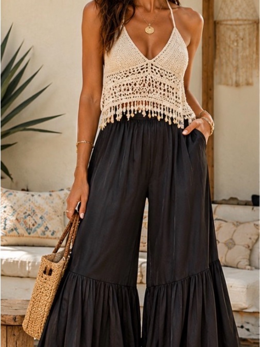 Sani Black Wide Leg Palazzo Pants Tiered Hem Satin Look Size Medium - NWOT
